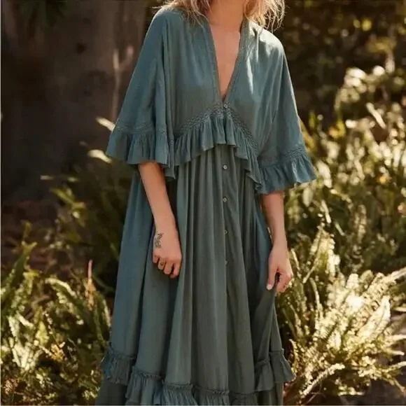 Free People Paradiso HiLo Maxi Dress Ruffle Blue Boho Folklore Oversized Medium - Picture 13 of 16